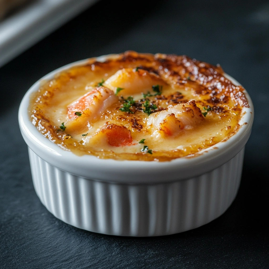 Gourmet crab brûlée with caramelized top and crab meat.