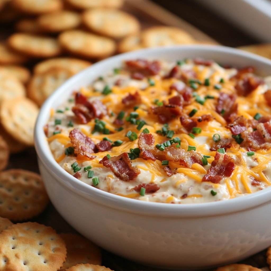 Crack dip topped with crispy bacon bits, shredded cheddar cheese, and finely chopped chives.