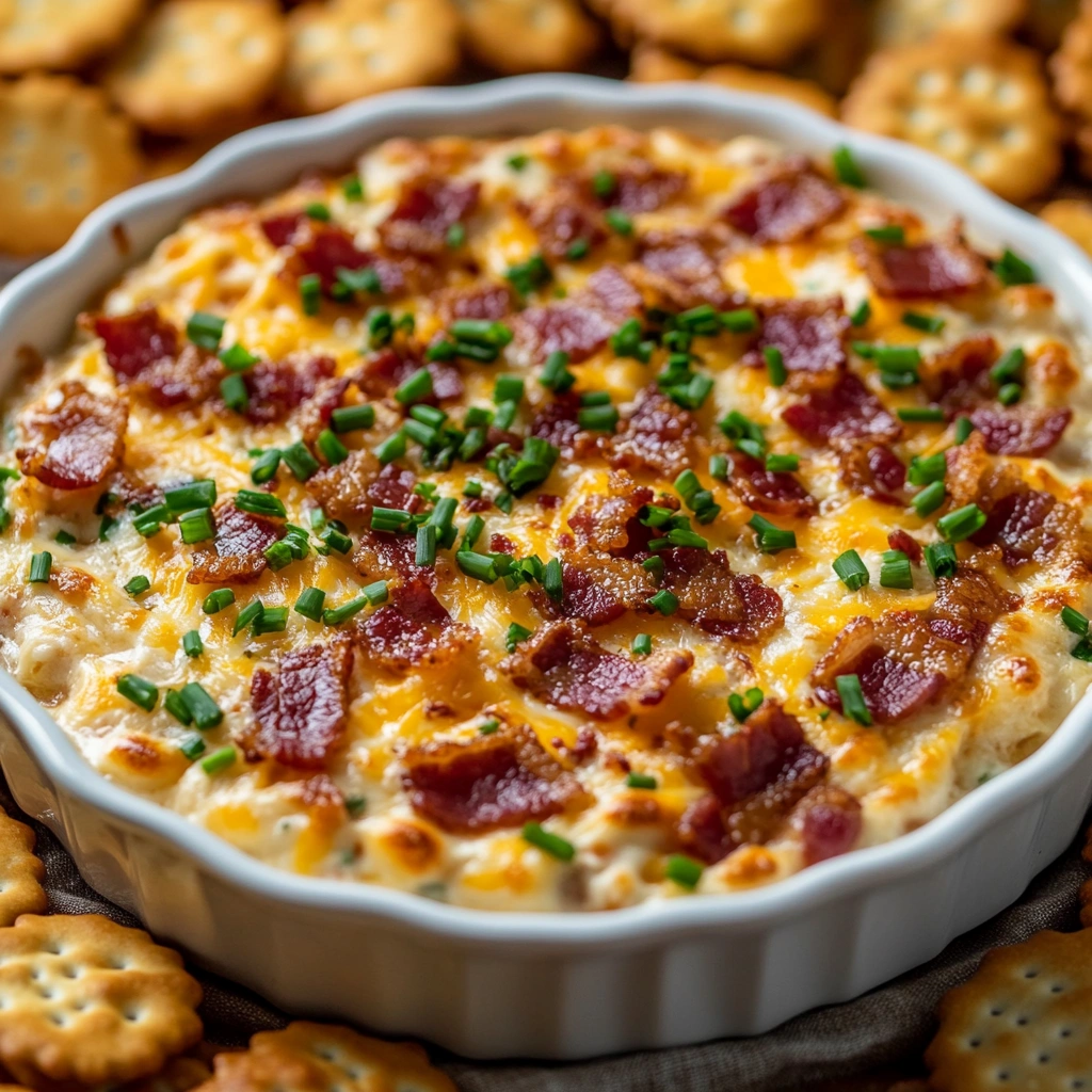 A bowl of crack dip surrounded by round, buttery crackers, ready for dipping.