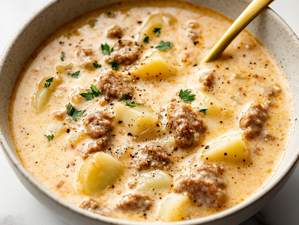 Warm and creamy Italian sausage soup with visible herbs and a golden spoon.