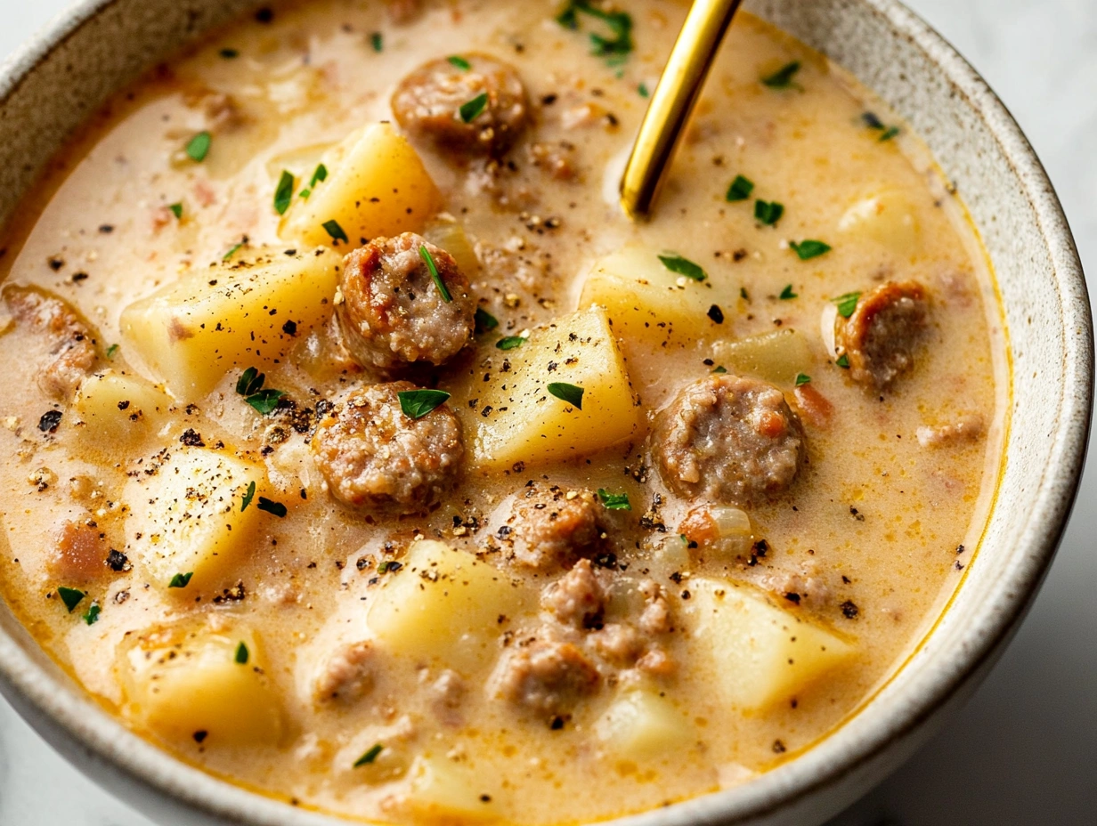 Hearty creamy soup with sausage, potatoes, and herbs served in a rustic ceramic bowl.