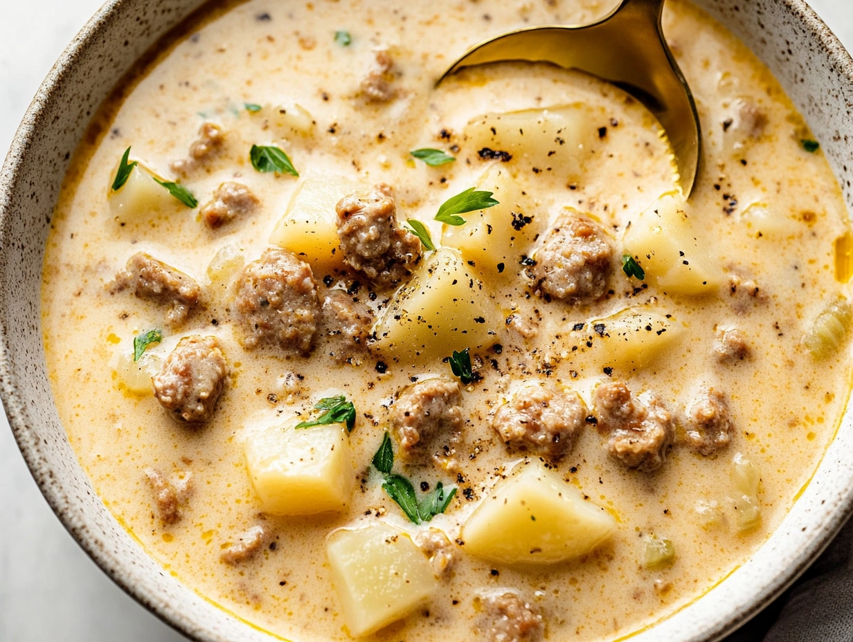 Close-up of a bowl of creamy Italian sausage soup with potatoes, sausage, and fresh parsley.