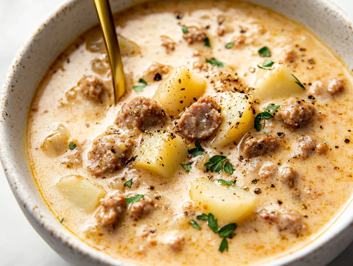 Bowl of creamy Italian sausage and potato soup with a sprinkle of parsley and pepper