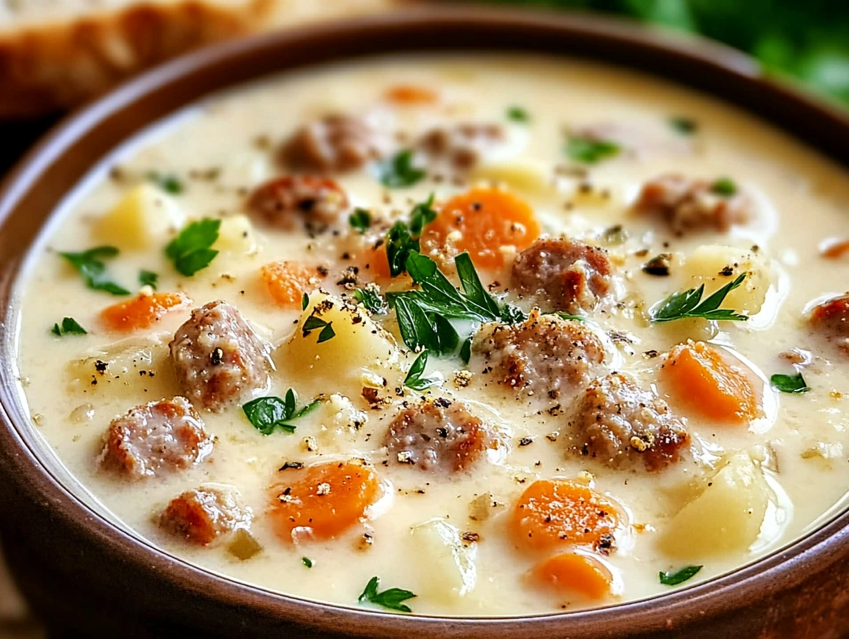 A steaming bowl of creamy Parmesan Italian sausage soup with sausage, carrots, and potatoes, garnished with herbs and cheese.