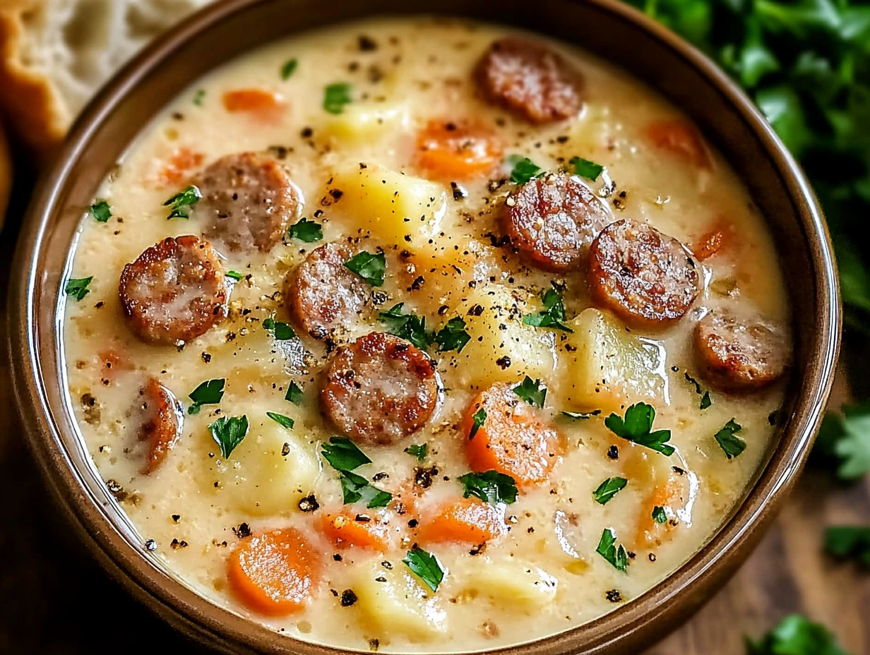 Rustic bowl of creamy sausage and Parmesan soup with fresh herbs and vegetables.