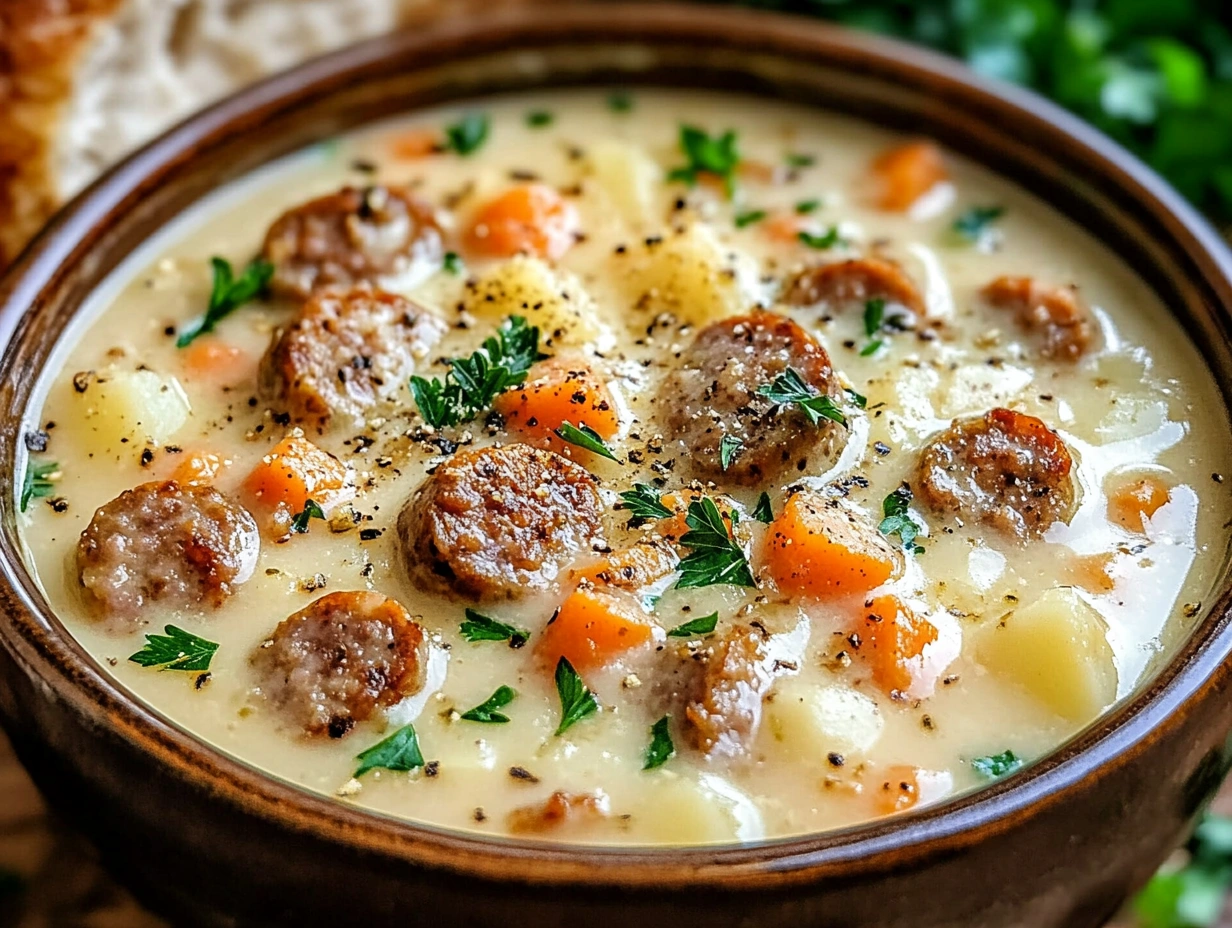 Top-down view of a bowl of creamy soup with sausage, carrots, and potatoes, garnished with parsley and grated Parmesan cheese.