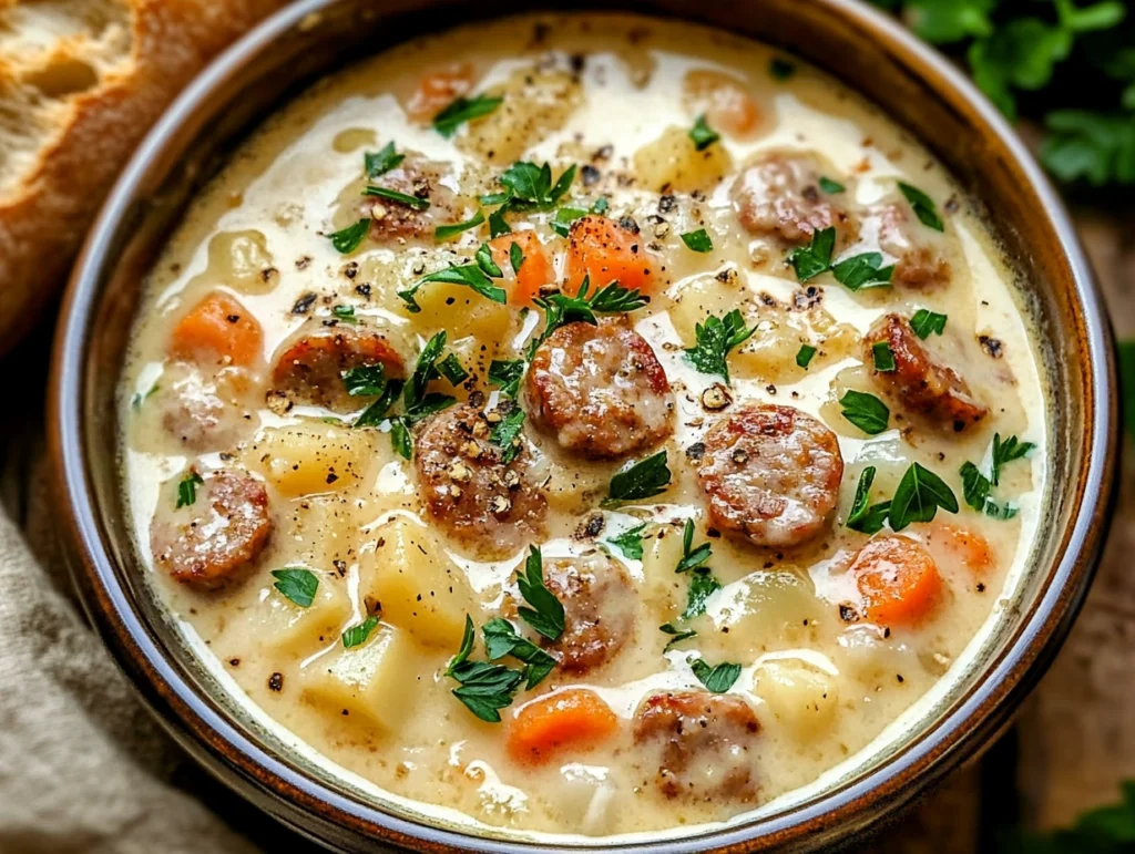 A close-up of a bowl of creamy Parmesan Italian sausage soup, filled with sausage slices, diced carrots, and potatoes, garnished with fresh parsley and grated Parmesan.
