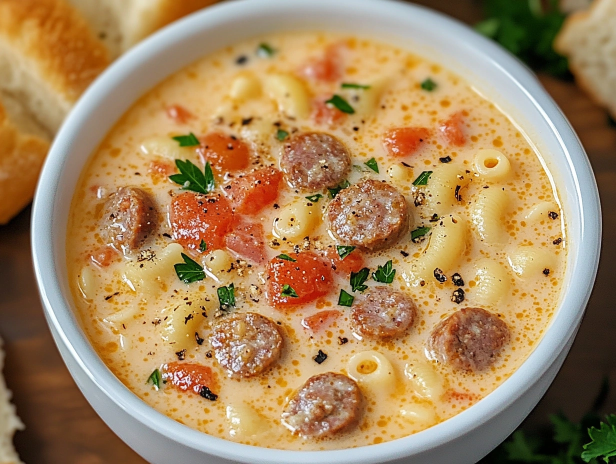 A warm bowl of Creamy Parmesan Italian Sausage Soup with Ditalini Pasta, topped with parsley and black pepper, served with bread.