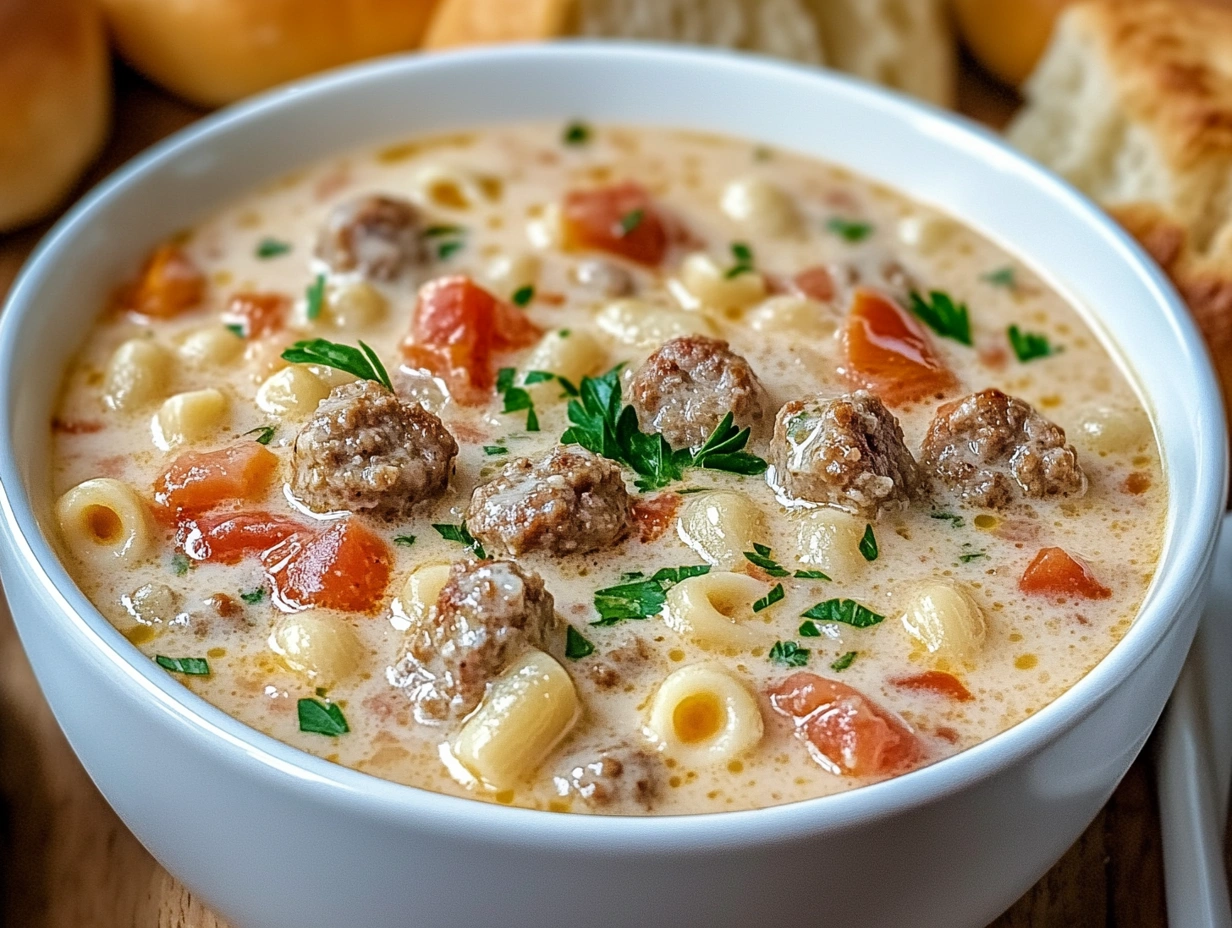 Top-down view of Creamy Parmesan Italian Sausage Soup with Ditalini Pasta, garnished with parsley and served with crusty bread on a rustic table.