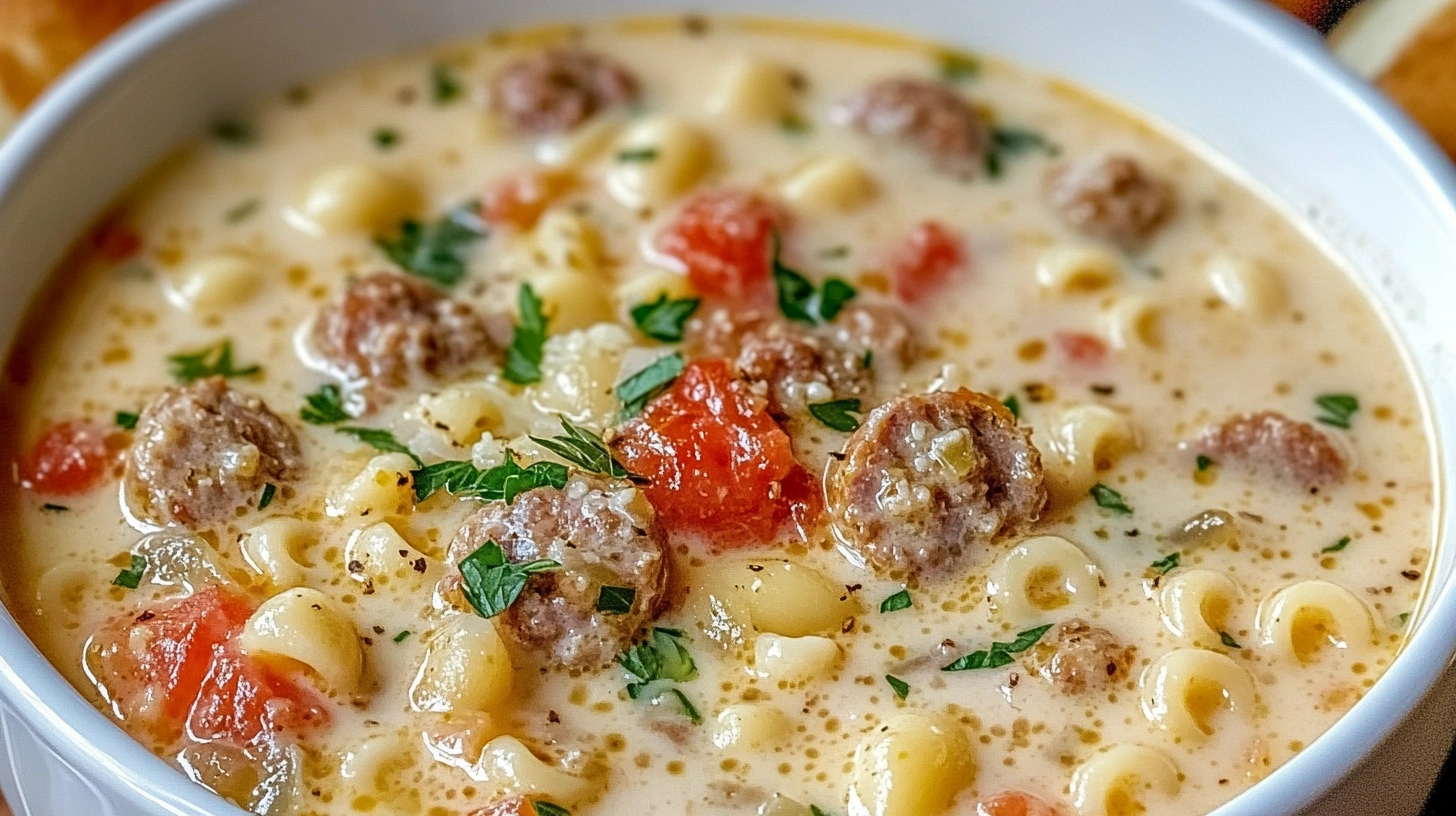 A close-up view of Creamy Parmesan Italian Sausage Soup with Ditalini Pasta, featuring a creamy golden broth, sausage pieces, tomatoes, and parsley garnish.