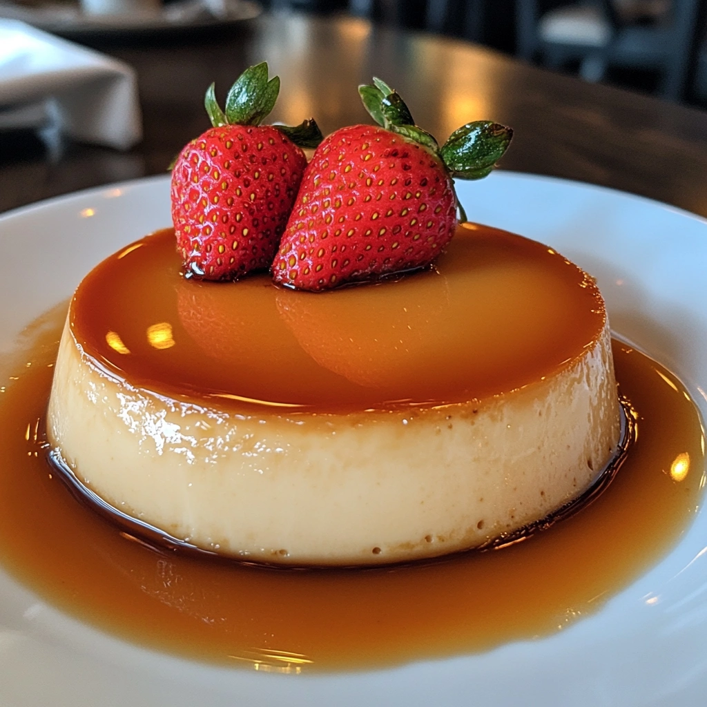 Flan dessert with caramel sauce oozing around it, garnished with fresh strawberries.