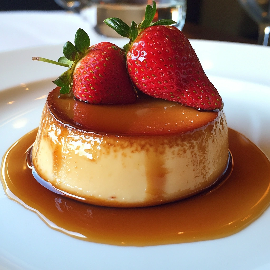 Caramel flan on a white plate with sliced strawberries.