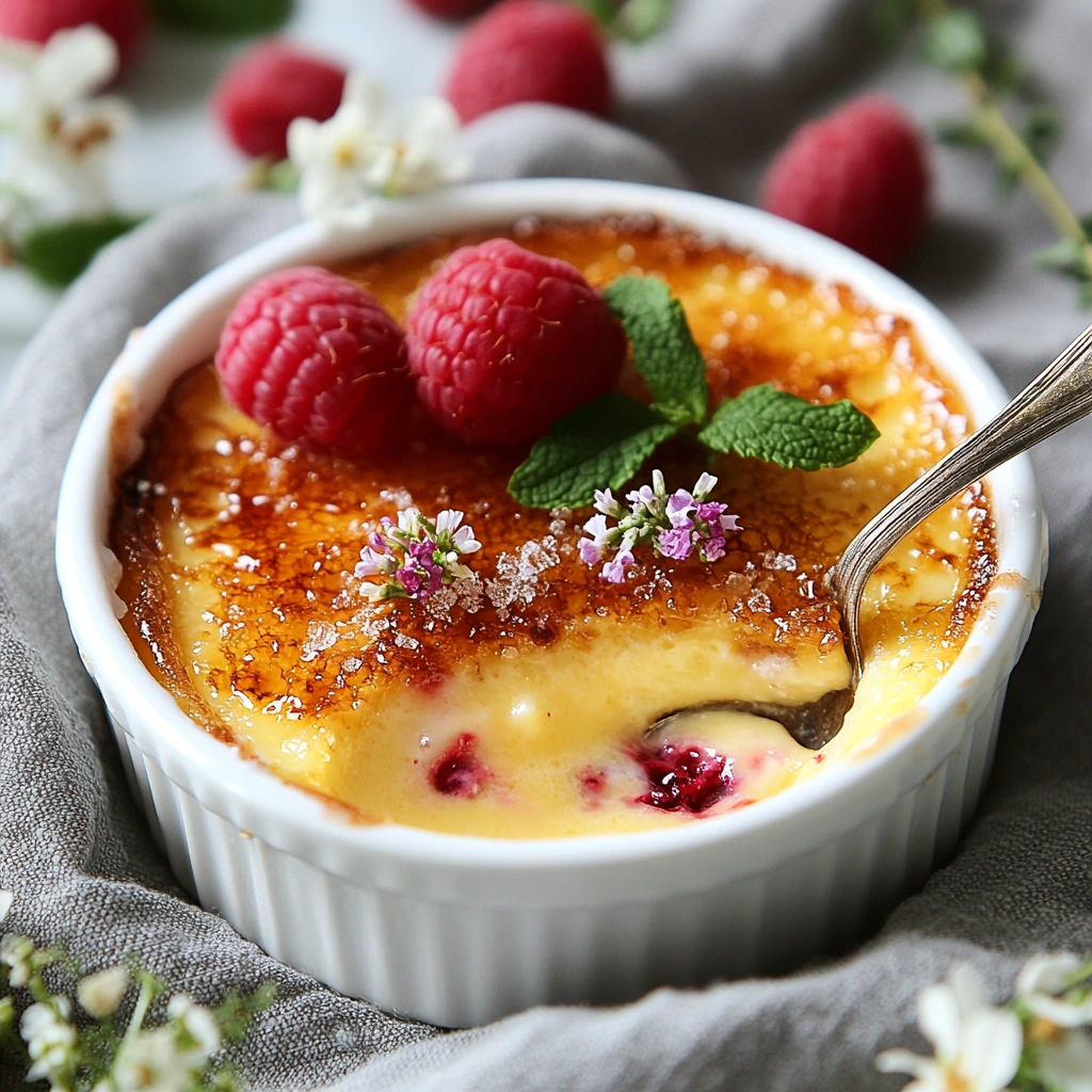 "Crème brûlée with a golden sugar crust, garnished with raspberries and mint.