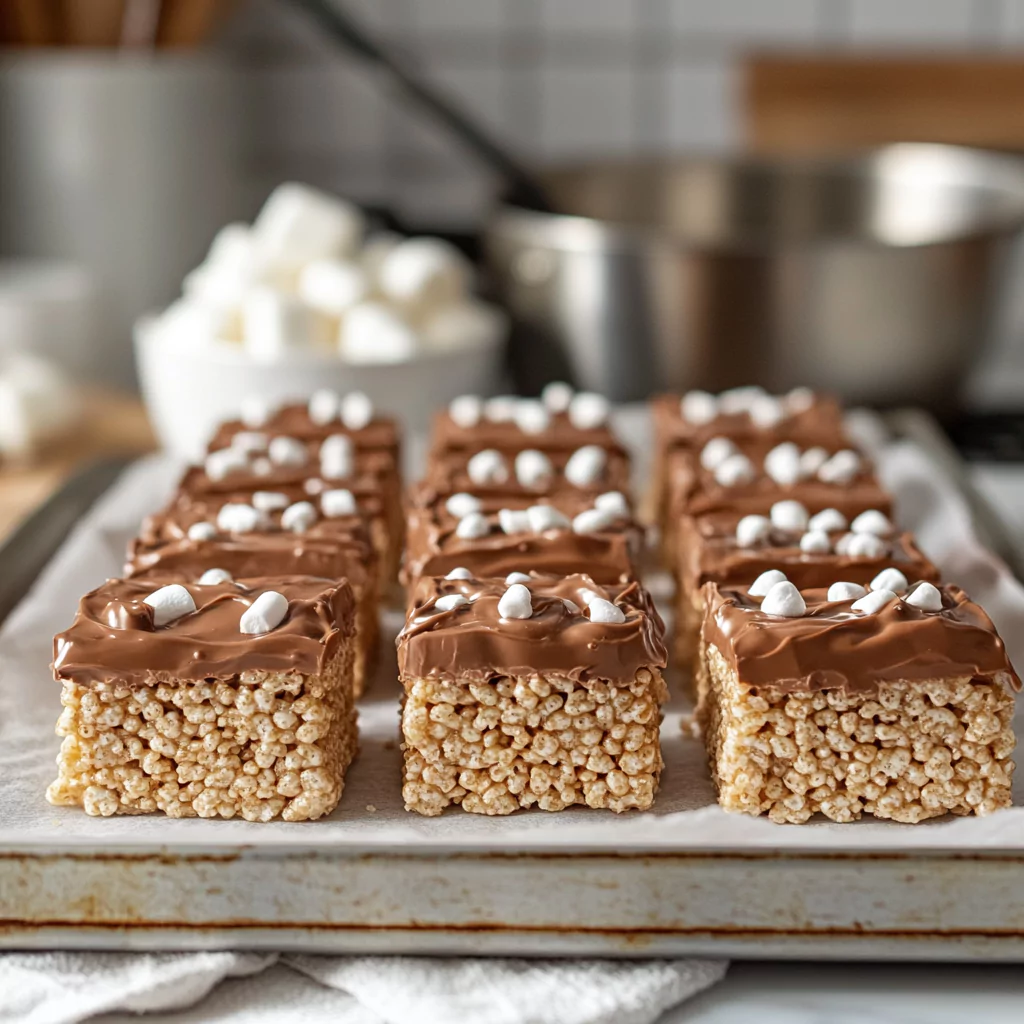 Freshly made Rice Krispies Treats cut into neat squares, showcasing their chewy texture and golden marshmallow glaze, placed on a parchment-lined tray in a bright kitchen setting.