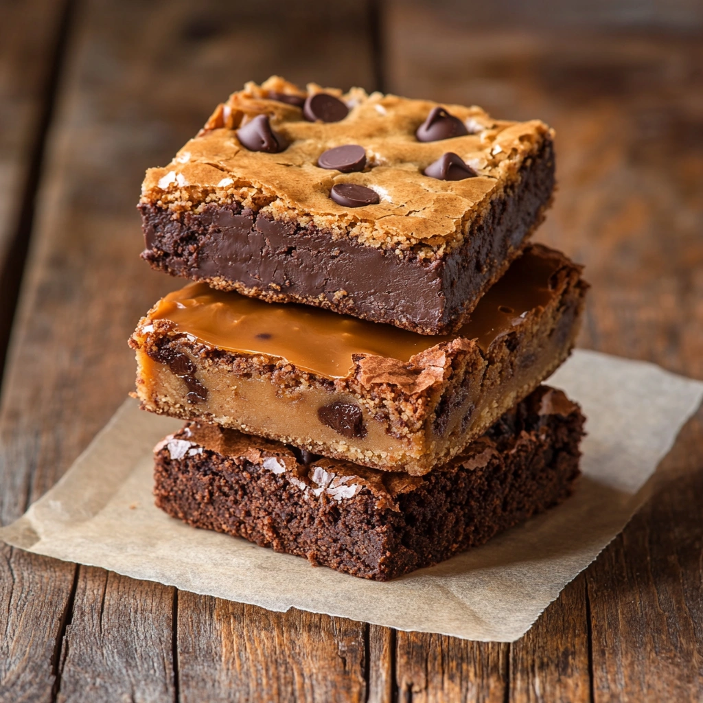 Three dessert bars on parchment paper: a chocolate brownie, caramel blondie, and chocolate chip brookie.