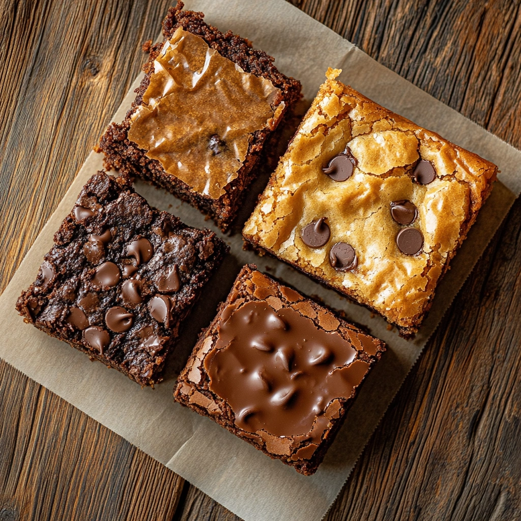 Brownie, blondie, and brookie bars arranged on a rustic surface