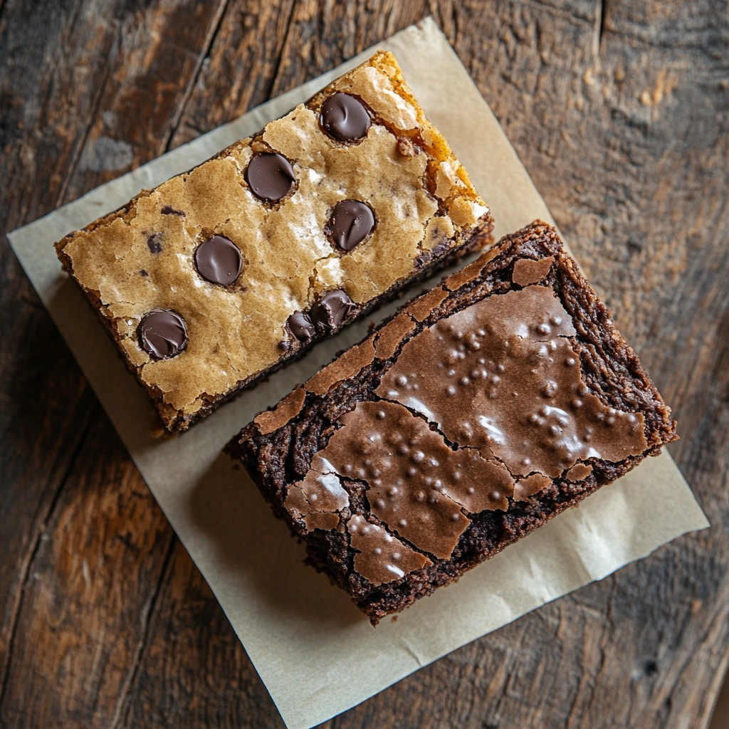 Close-up of brownies, blondies, and brookies on a wooden background.