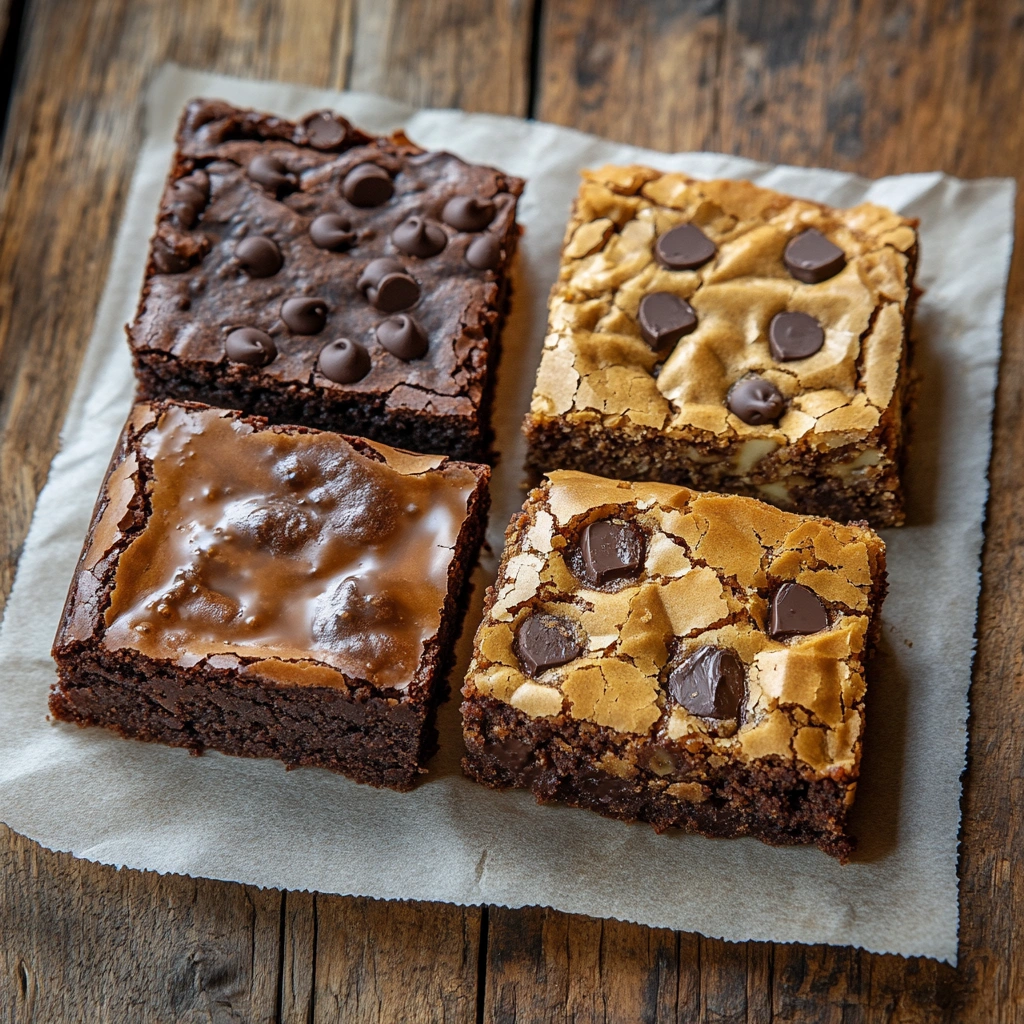 Assorted dessert bars: a brownie, a blondie with caramel, and a brookie with chocolate chips.