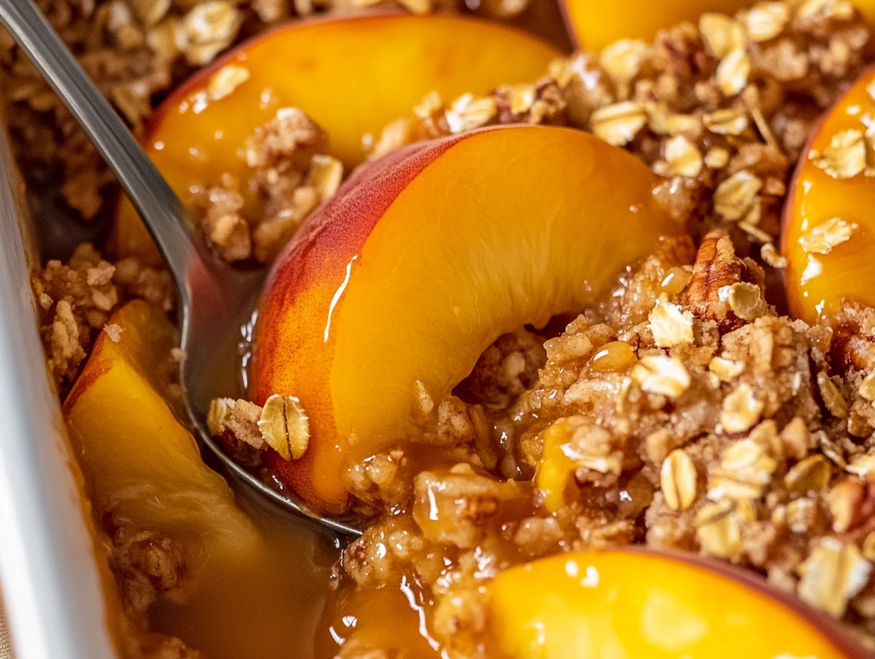 Freshly baked peach crisp showing juicy, caramelized peaches and a textured oat and nut crumble topping in a baking dish.