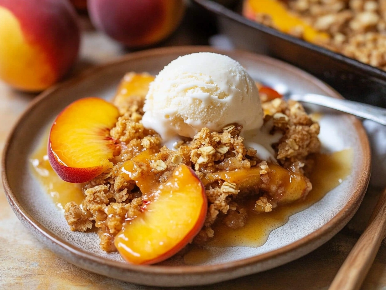 Warm peach crisp dessert with a spoonful of peach filling and crispy oat crumble, glistening with caramel sauce.