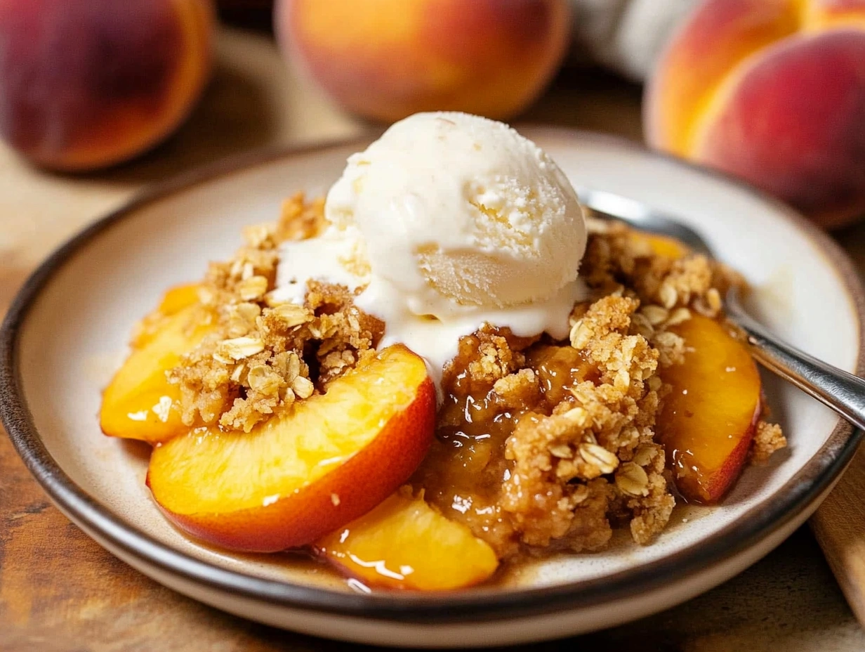 Close-up of a peach crisp with golden peach slices and a crunchy oat topping, with a spoon scooping out the dessert.