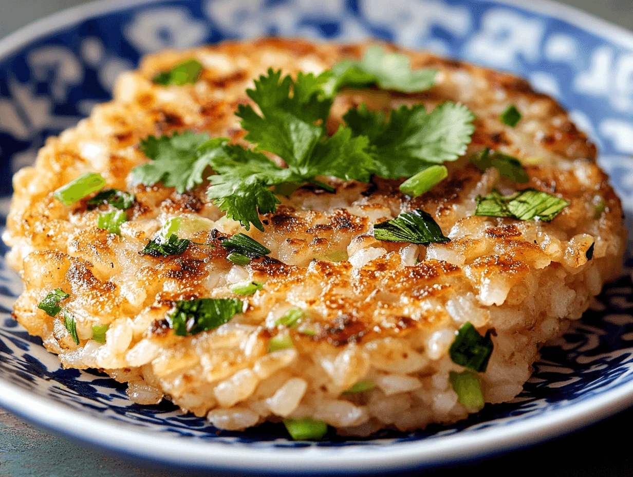 Delicious golden rice cakes with green herb toppings, served on a detailed blue and white ceramic plate, photographed from a slightly angled perspective.