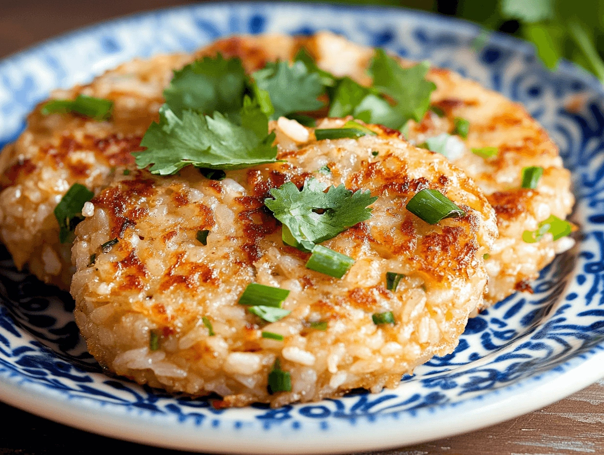 Golden brown rice cakes garnished with chopped green herbs, served on a decorative blue and white ceramic plate, captured under soft natural lighting.