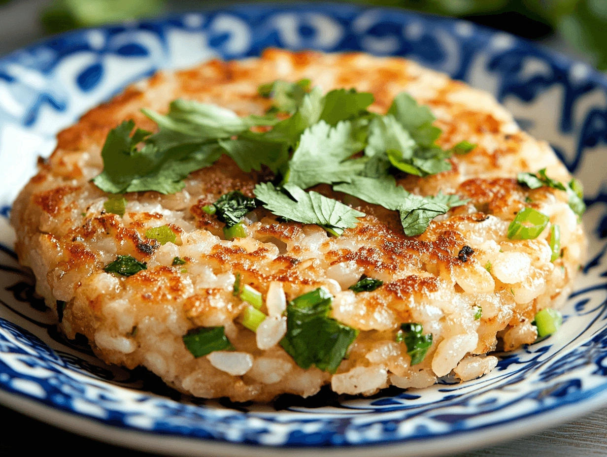 Close-up view of crispy rice cakes with a golden crust, sprinkled with fresh cilantro and scallions, arranged on a classic blue porcelain plate.