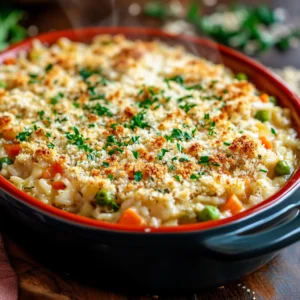 A close-up of a hearty casserole showcasing perfectly cooked rice infused with rich broth, tender chicken, and roasted vegetables, crowned with a crispy golden topping and garnished with fresh herbs, against a softly lit kitchen background.