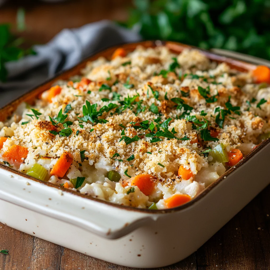 A rustic casserole dish featuring fluffy rice, juicy chicken pieces, and vibrant vegetables, baked in a creamy broth and topped with golden breadcrumbs. Steam rises gently, with fresh parsley sprinkled on top for a touch of green, all set on a warm wooden table.