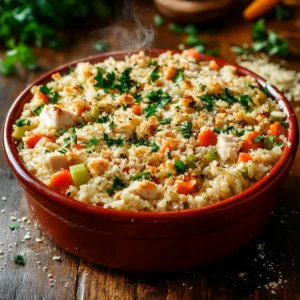A steaming casserole dish filled with tender rice, succulent chicken, and colorful vegetables, baked to perfection with a golden breadcrumb crust, served on a rustic wooden table surrounded by fresh ingredients and a linen napkin.