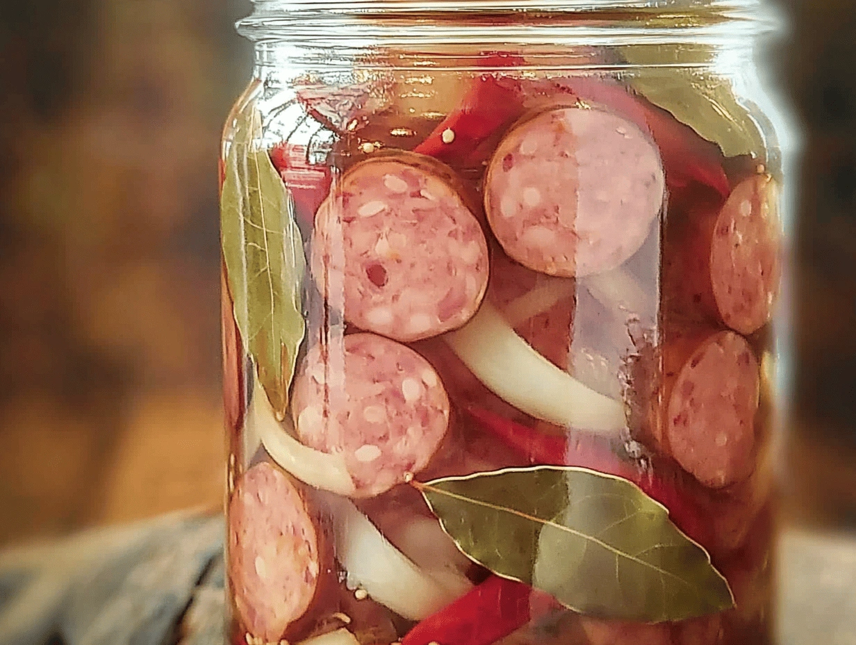 Close-up view of a jar filled with sliced pickled sausages, surrounded by aromatic ingredients like bay leaves and onions.