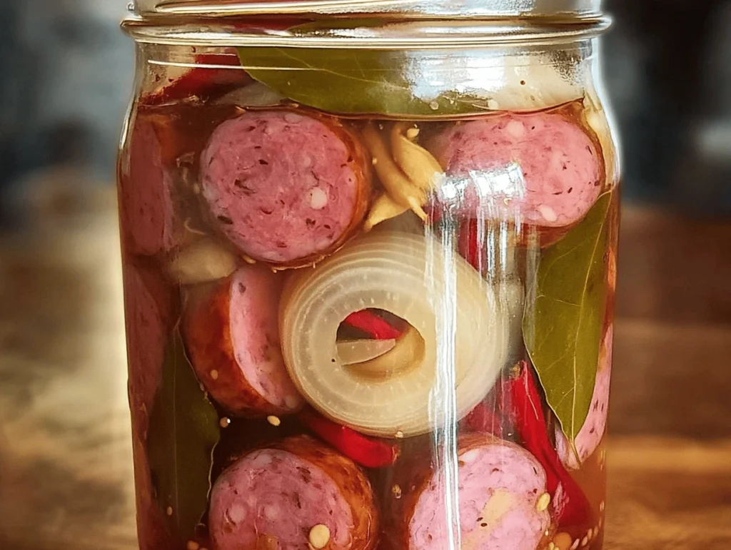 Homemade pickled sausages in a transparent jar, featuring vibrant pink sausages and fresh herbs on a rustic kitchen surface.