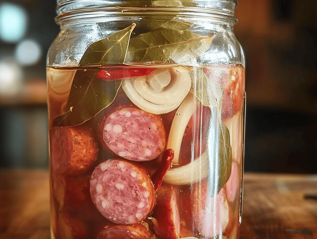 A preserved food jar with pickled sausages and spices, standing on a rustic wooden countertop with natural lighting.