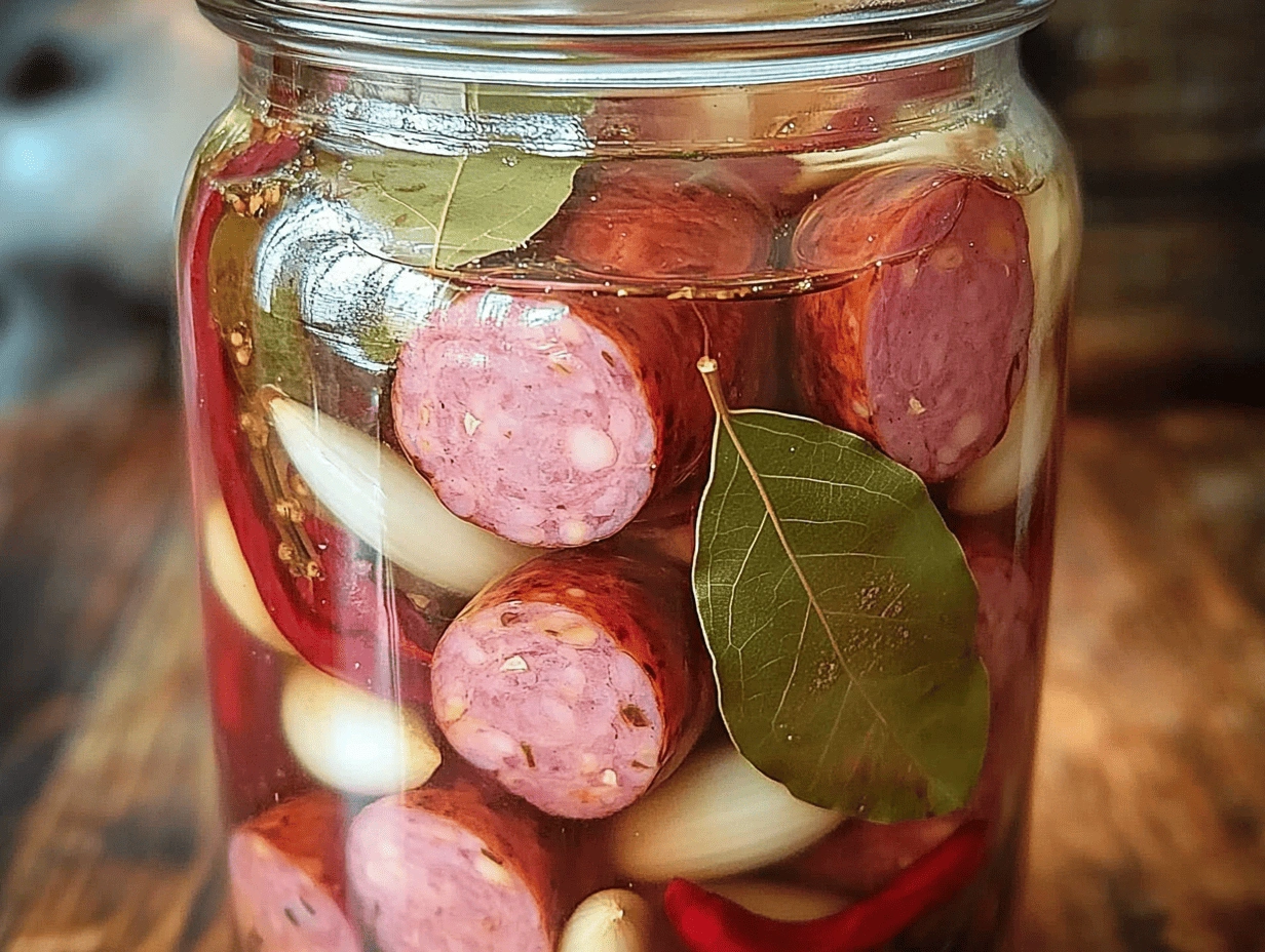 A full glass jar of pickled sausages submerged in clear brine, garnished with bay leaves, onion rings, and chili pieces.