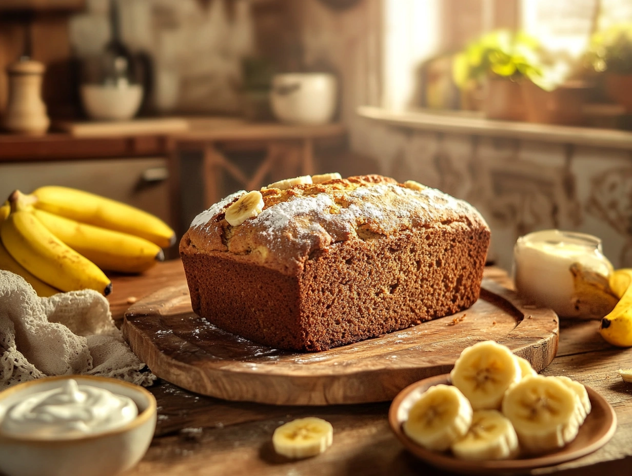 A freshly baked loaf of banana bread topped with powdered sugar and banana slices, displayed on a rustic wooden board with ripe bananas, Greek yogurt, and a cozy kitchen setting in the background.
