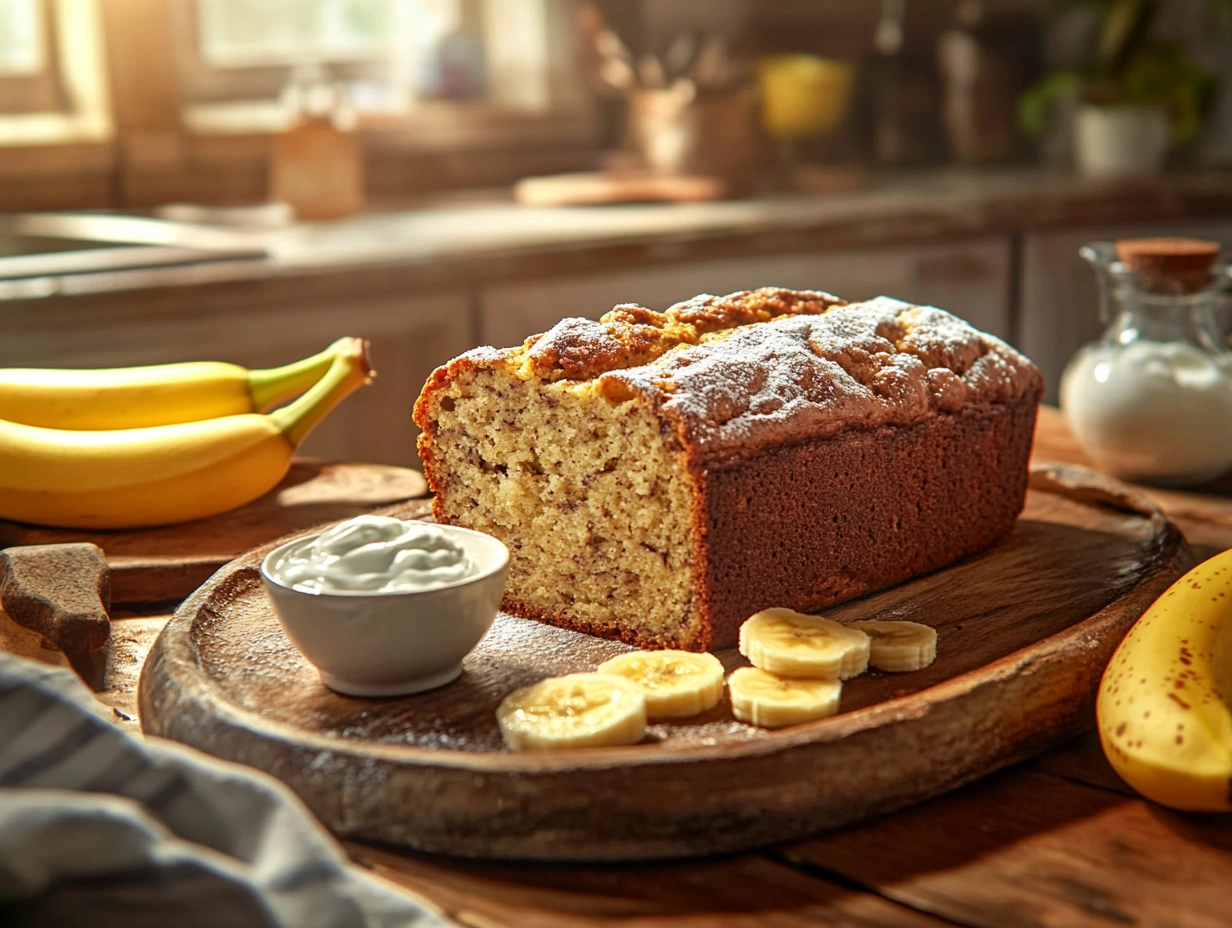 A golden loaf of banana bread on a rustic wooden board, surrounded by sliced bananas, a bowl of creamy Greek yogurt, and ripe bananas in a cozy kitchen setting.