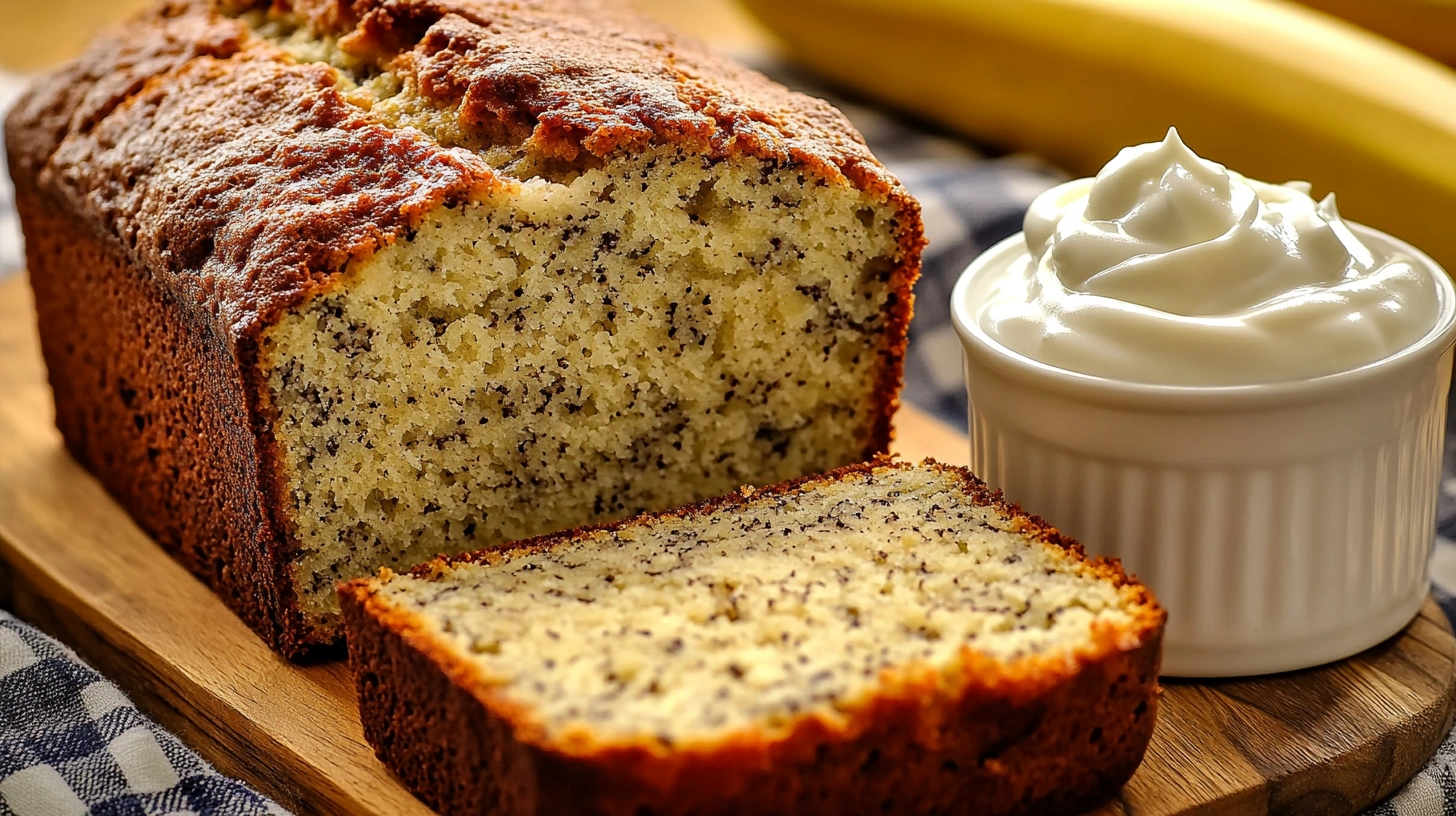 A loaf of moist banana bread sliced on a wooden board, paired with a small bowl of creamy Greek yogurt.