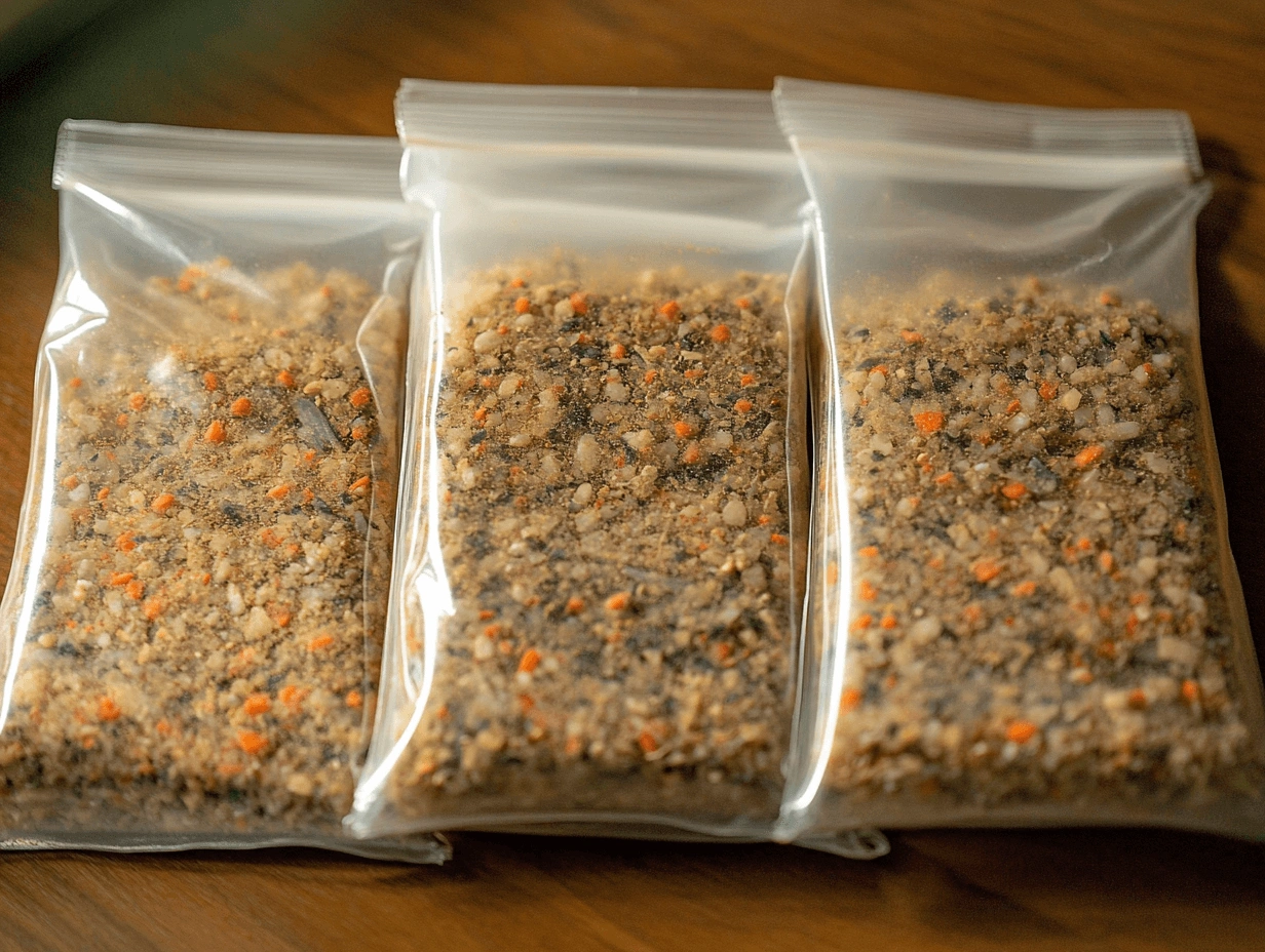 Three transparent ziplock bags filled with granular fish food, featuring a mix of brown, orange, and black particles, neatly placed on a wooden surface.