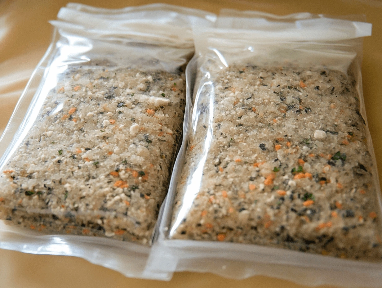 Two transparent ziplock bags filled with granular fish food containing a mix of light brown, orange, green, and black particles, placed on a beige surface.