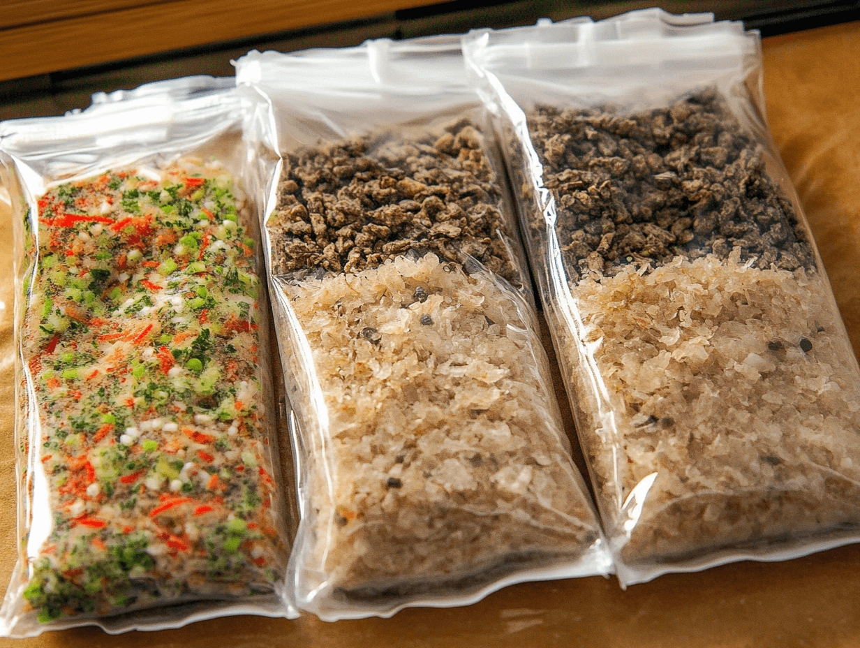 Four transparent ziplock bags filled with different types of fish food mixtures, showcasing a variety of textures and colors including green, red, brown, and beige particles, placed on a wooden surface.