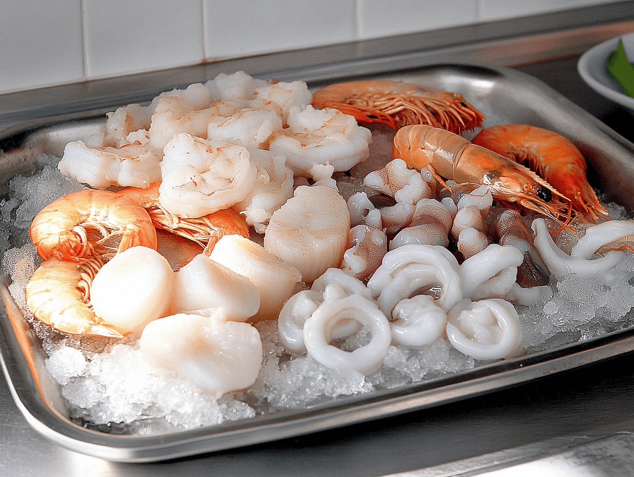 A stainless steel tray filled with assorted seafood on a bed of crushed ice, featuring prawns, scallops, squid rings, and shrimp, placed on a kitchen countertop.