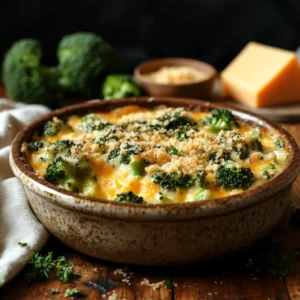 A steaming casserole dish filled with broccoli, rich creamy sauce, and a crunchy breadcrumb topping, served on a farmhouse-style table with cheese blocks and fresh herbs in the background.
