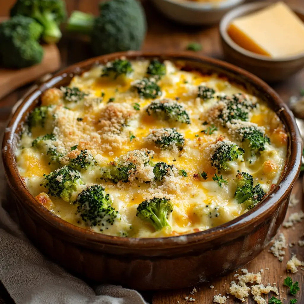 A close-up of a creamy broccoli casserole topped with golden melted cheese and crispy breadcrumbs, served in a rustic ceramic dish with fresh broccoli and parsley as garnishes.