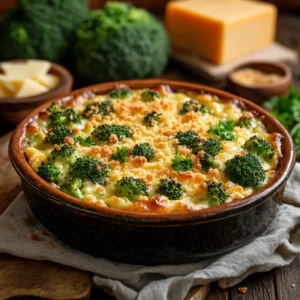 An overhead view of a broccoli casserole in a baking dish, featuring vibrant green broccoli florets, a bubbling cheese crust, and a sprinkle of fresh herbs on top, surrounded by fresh ingredients on a wooden table.