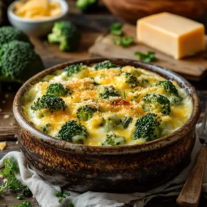 A side view of a hearty broccoli casserole with layers of creamy sauce, roasted broccoli, and golden-brown cheese topping, placed on a rustic kitchen countertop with warm lighting.