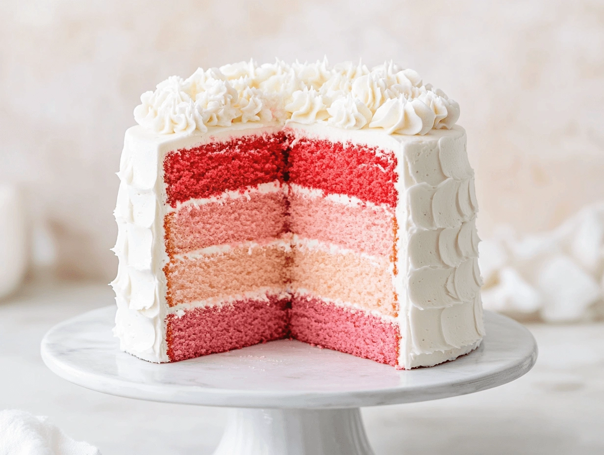 Close-up of a beautifully plated gender reveal cake slice showcasing vibrant pink and red ombre layers with white buttercream frosting.
