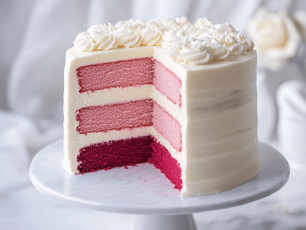 A slice of gender reveal cake with ombre layers transitioning from light pink to deep red, covered in smooth white frosting, served on a white plate.