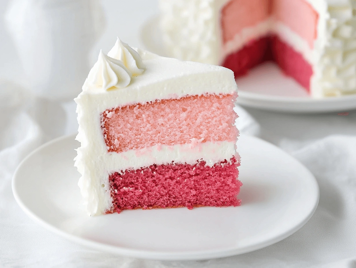 Elegant gender reveal cake slice on a white dish, featuring ombre pink interior and smooth white frosting with soft lighting.