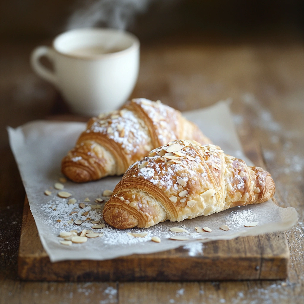 Close-up of a flaky croissant showing visible layers and almond flakes on parchment paper.